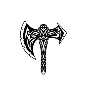 Doubleheaded battle axe with tribal patterns, ancient weapon design isolated on white background vector