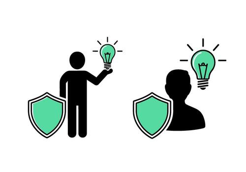 Stick figures holding a lightbulb with a shield representing idea protection and security in a bright environment conveying innovation and safety vector