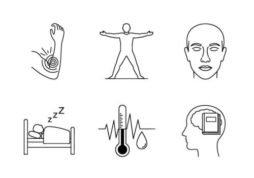 Line art depicting health and wellness icons including exercise sleep temperature pain and learning symbolizing a holistic approach to well-being vector
