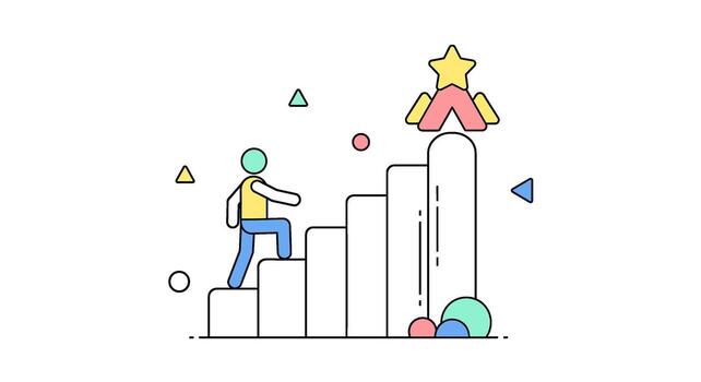 A person climbs stairs towards a star isolated on white background, representing success, achievement, and progress in a simple and colorful design vector