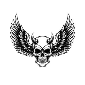 A menacing skull with devil horns and large feathered wings, isolated on white background vector