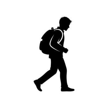 silueta de un estudiante caminando con un mochila en un urbano ajuste transporte un sentido de determinación y propósito en su educativo viaje vector