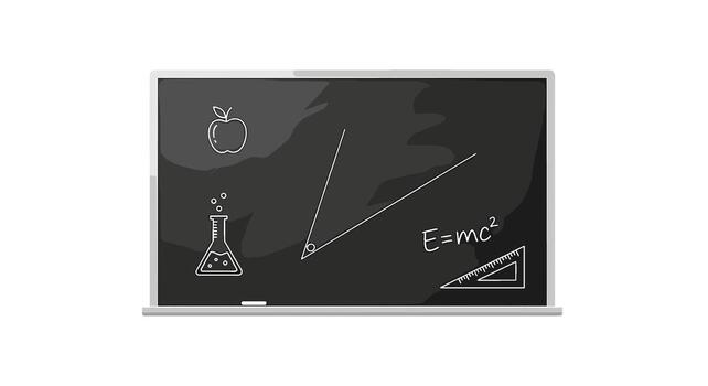 Blackboard with chalk drawings of an apple, flask, angle, ruler, and emc2 equation isolated on white background vector