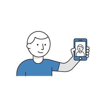 Smiling young man taking a selfie with his smartphone against a white background capturing a casual and modern self-portrait in a minimalist style vector