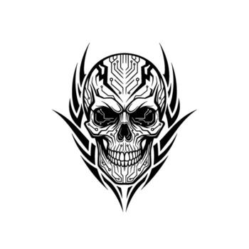 tribal cibernético cráneo con circuito patrones y como una llama acentos, aislado en blanco antecedentes vector