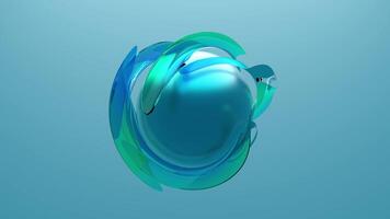 resumen 3d salvapantallas con un suave metálico esfera envuelto en translúcido turquesa y cian curvo formas, flotante en un degradado ligero azul antecedentes. sin costura vj lazo animación , 4k 60 fps video