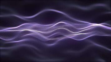 Seamless loop background with dark abstract waves made of glowing particles with soft light effect. Smooth waveform with floating luminous dots for digital sound visualization and modern art. 4K 60fps video