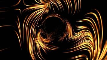 abstrato túnel com brilho vórtice padrões fez do rodopiando dourado luz trilhas em uma Preto fundo. animado brilhante curvado linhas do energia com suavemente comovente luminoso impulsos dentro. 4k 60fps video