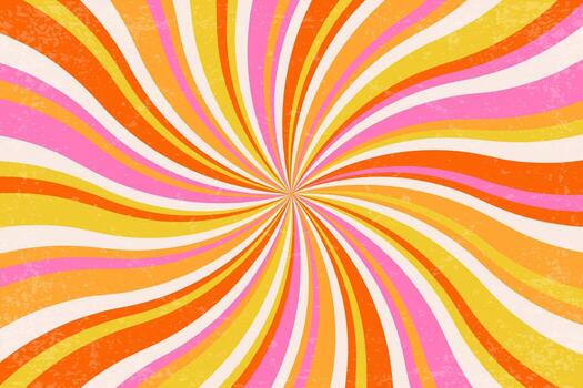 Retro groovy background with pattern of spiral rays. Sunburst psychedelic wavy illustration for summer poster. Swirl radial 70s abstract graphic with grunge texture vector