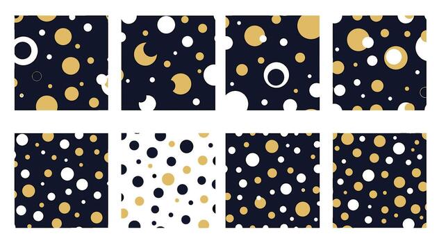 Elegant seamless pattern set featuring gold, white, and navy circles, isolated on white background, ideal for sophisticated backgrounds, textiles, and modern designs vector