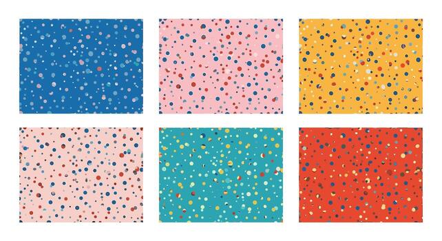 Collection of six terrazzo patterns isolated on white background showcasing a mix of colorful fragments and textures, ideal for modern designs and decorative backdrops vector