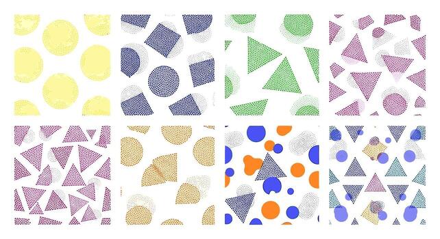 Collection of colorful geometric patterns isolated on white background, featuring circles, squares, triangles, and other shapes with a textured, handdrawn style vector