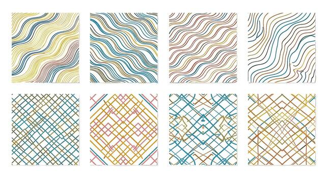 Collection of abstract seamless patterns isolated on white background featuring wavy dotted lines and geometric shapes, perfect for backgrounds, textiles, and designs vector