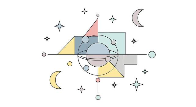 Abstract geometric composition isolated on white background featuring stars, moons, and various shapes in pastel colors, creating a modern and celestial design vector