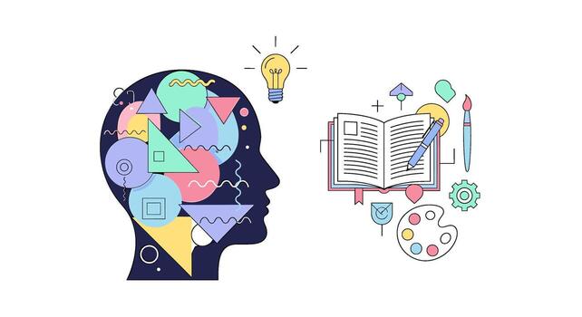 Creative mind concept isolated on white background showcasing abstract shapes, a lightbulb, and an open book, symbolizing imagination, knowledge, and inspiration vector