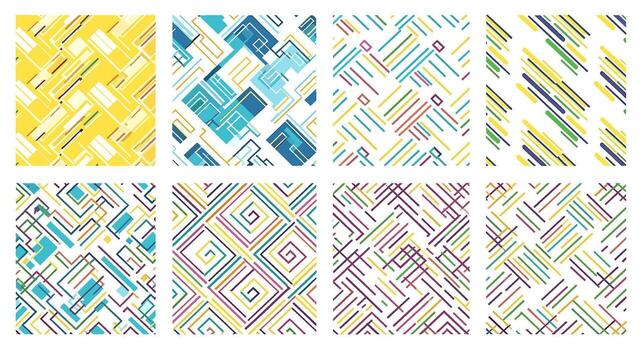 colección de ocho resumen sin costura patrones aislado en blanco antecedentes con geométrico formas y dibujado a mano texturas para moderno y artístico diseños vector