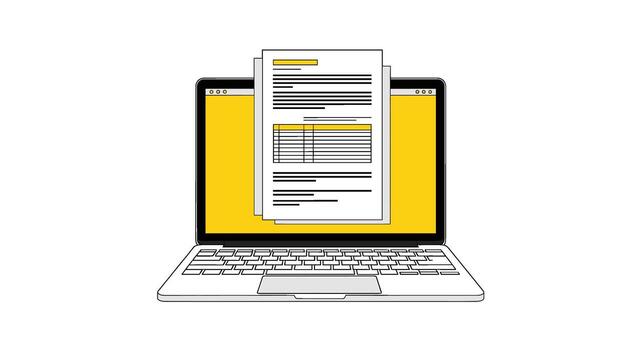 un pulcro ordenador portátil mostrando un documento con amarillo reflejos, aislado en blanco fondo, representa digital papeleo, en línea formularios, y moderno oficina tecnología vector