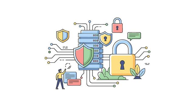 Data security concept isolated on white background a man is securing data on a server with a shield and padlock, ensuring privacy and protection from cyber threats vector