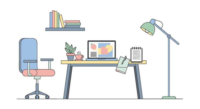 Cozy home office setup isolated on white background featuring a desk with a laptop, chair, lamp, books, and plants creating a comfortable workspace vector