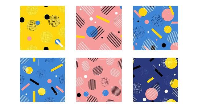 Collection of abstract seamless patterns isolated on white background featuring geometric shapes, dots, and lines, perfect for modern backgrounds and designs vector