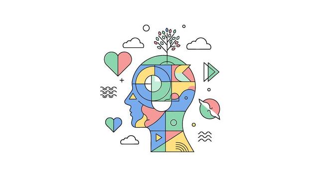 Creative mind concept isolated on white background the head is filled with colorful geometric shapes and symbols, representing different aspects of the mind vector