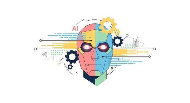 Artificial intelligence concept with human face and gears isolated on white background ai technology, machine learning, and automation in modern business and industry vector