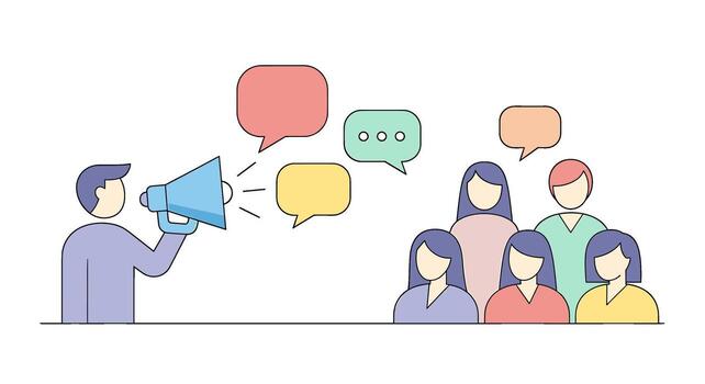 un persona utilizando un megáfono a habla a un grupo de gente, con habla burbujas encima su cabezas, aislado en blanco fondo, transporte un mensaje o anuncio vector