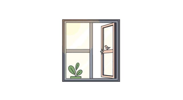abierto ventana con un pájaro encaramado en eso aislado en blanco fondo, exhibiendo un planta en el antepecho y luz de sol transmisión mediante el vaso vector