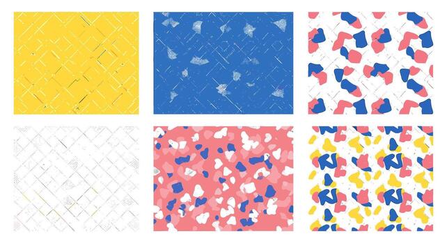 A set of six seamless patterns featuring abstract shapes and textures in various colors, creating a modern and artistic design isolated on white background vector