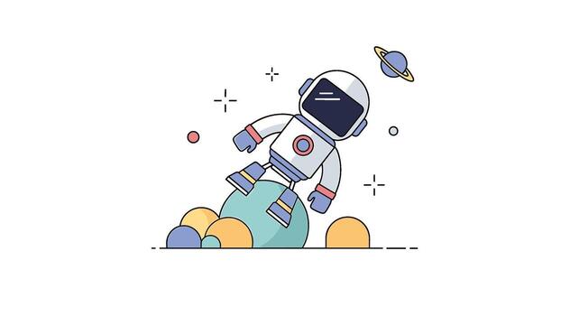astronauta flotante en espacio aislado en blanco antecedentes dibujos animados astronauta personaje explorador galaxia, rodeado por planetas y estrellas en un caprichoso cósmico aventuras vector