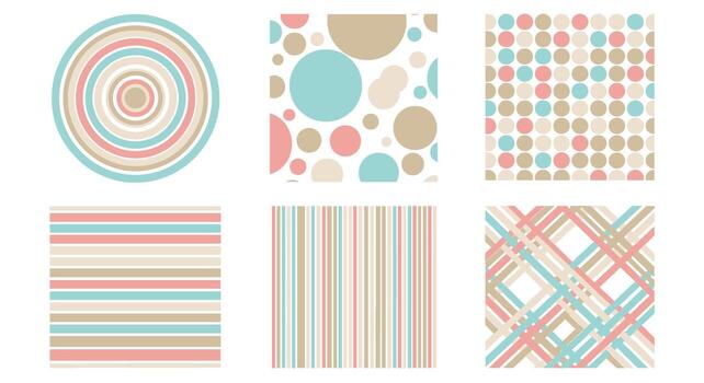 Set of six seamless patterns isolated on white background the patterns are in pastel colors and feature circles, stripes, and cross lines, creating a soft and calming effect vector