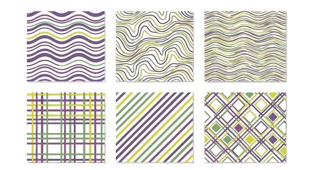 Set of abstract seamless patterns isolated on white background features wavy lines, plaid, stripes, and diamond shapes, perfect for backgrounds and textile designs vector