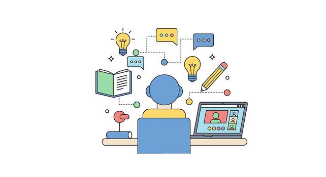 Online education concept isolated on white background, depicting a student learning with a laptop, books, and creative icons, symbolizing knowledge and growth vector