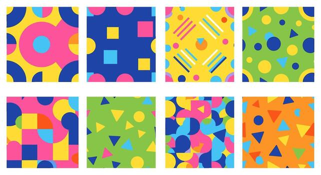 Collection of eight abstract seamless patterns isolated on white background with geometric shapes and bright colors for modern and playful designs vector