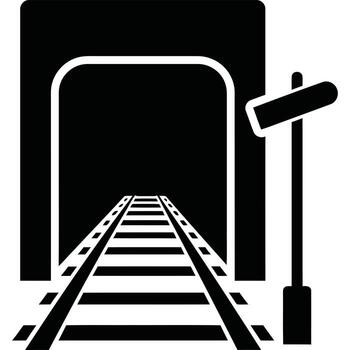 Train tracks leading into a dark tunnel under a signal pole vector
