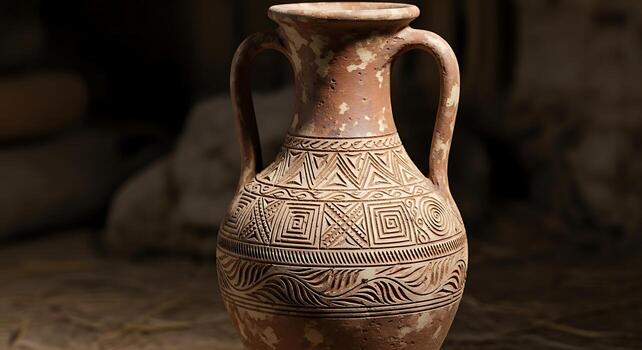 Ancient ceramic vase with intricate patterns displayed on a rustic background with straw photo