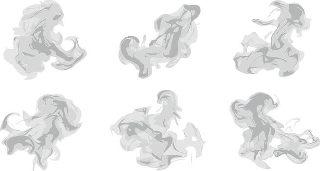 Grey wispy smoke clouds and abstract vapor effects. A collection of six isolated elements for design templates vector
