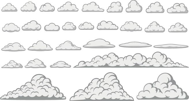 Diverse collection of cartoon clouds in various shapes and sizes, ideal for graphic design, playful illustrations, and weather-themed digital projects vector