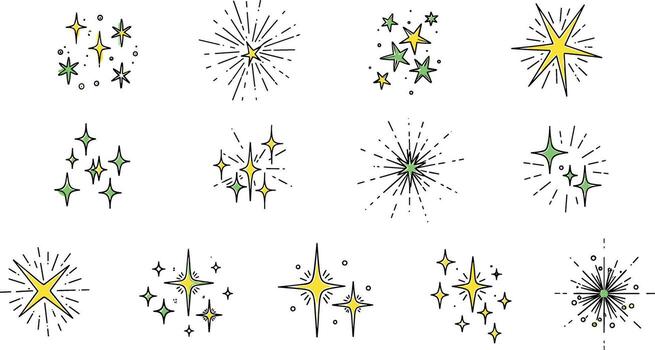 A diverse set of hand-drawn star and sparkle icons. Collection of yellow and green shining, twinkling, and bursting elements in a simple doodle style vector