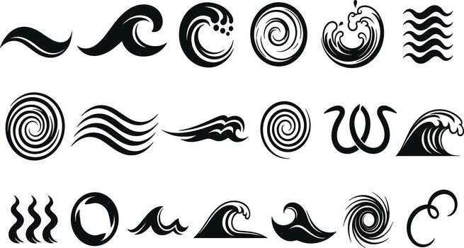 Collection of stylized wave icons and symbols representing water in various forms and movements vector