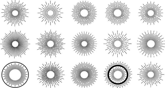 Set of abstract sunburst, starburst, and radial graphic elements for design with clean lines and geometric patterns vector