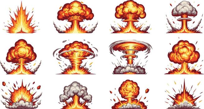 Explosive energy visual effects pack a captivating assortment of graphic illustrations depicting intense fiery blasts, powerful shockwaves, and iconic mushroom cloud designs for dynamic imagery vector
