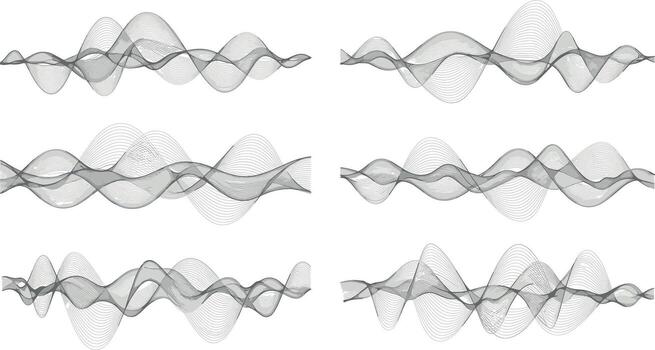 conjunto de resumen monocromo ola líneas. colección de liso, fluido, transparente sonido olas o digital igualada gráficos aislado en un blanco antecedentes vector