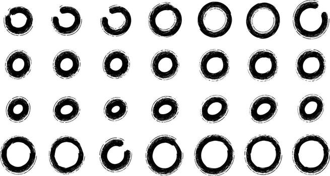 Versatile collection of hand-drawn black ink brush stroke circles and ellipses, perfect as organic graphic design elements for abstract art projects, decorative frames, and modern textured backgrounds vector