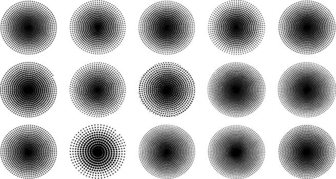 A collection of fifteen grayscale radial halftone patterns for graphic design and visual effects vector