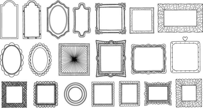un grande colección de dibujado a mano garabatear marcos y fronteras bosquejo estilo ilustración conjunto de varios formas para gráfico diseño elementos vector