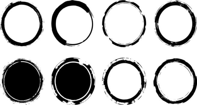 Dynamic set of circular grunge frames with unique distressed brushstroke textures, offering versatile design elements for creative graphic projects, borders, and decorative overlays vector