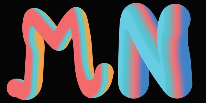 Vibrant 3d gradient letters m and n with neon glow effect vector