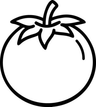 A clean black and white line drawing features a round tomato with a short stem and five pointed leaves at the top. This outline is perfect for food-related projects and recipes. vector