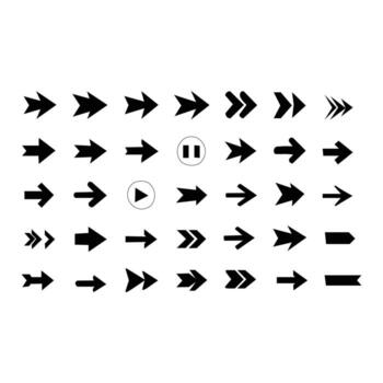 Collection of diverse black arrow icons pointing right in various styles and sizes vector